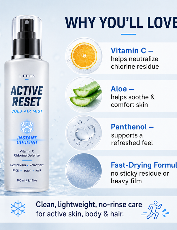 Instant Cooling Body Spray, After Swim Chlorine Removal Mist, Vitamin C Active Reset Spray for Hair & Skin, No Rinse, Non-Sticky, Post Workout & Beach (100ml)