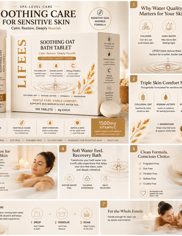 LIFEES Soothing Oat Bath Tablets for Sensitive Skin – 1500mg Vitamin C Bath Tablets for Chlorine Removal, Colloidal Oat & Sodium Lactate, Fragrance-Free Recovery Bath, Soft Water Feel, 100 Tablets
