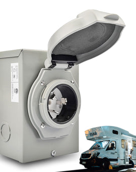 50A ETL Listed Power Inlet Box for generators. 125/250V, 12,500W. Weatherproof for outdoor use, with 3-prong cord compatibility